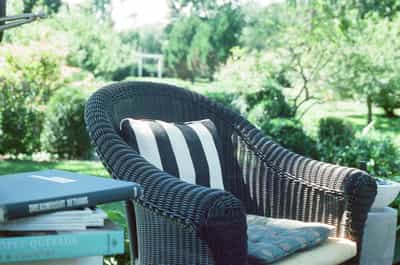 Elegant black wicker patio chair with black and white striped cushions surrounded by vibrant green garden foliage and art books, captured on CineStill 800T film with natural summer lighting and cinematic color grading
