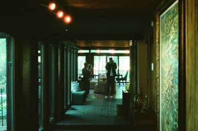 Intimate interior portrait of two people in mid-century modern hallway with natural wood paneling, framed artwork on walls, and dramatic tungsten pendant lighting creating distinctive CineStill 800T halation effects, with forest views through floor-to-ceiling windows in background living space